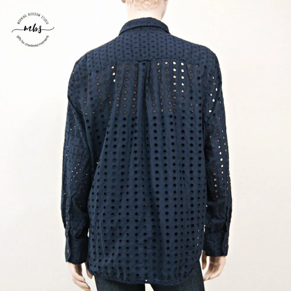 J. Crew Classic Fit Eyelet Button Down Cotton Shirt With Camisole Navy Women‎ 3X